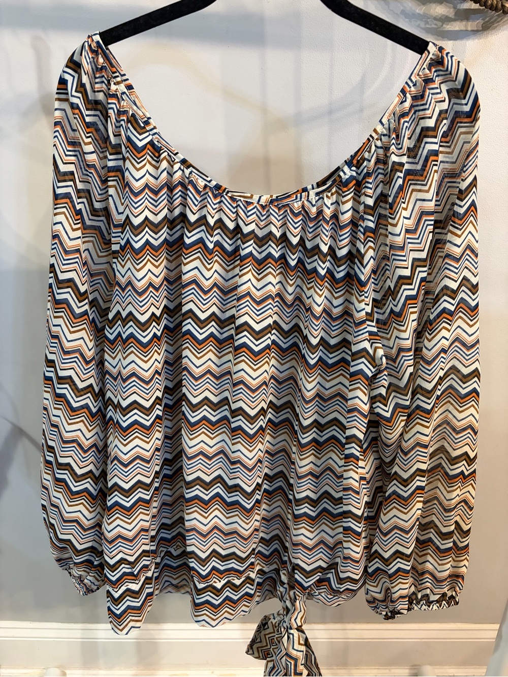 Kaya Di koko Chevron Tie-Hem Tunic Blouse in Blue, Brown & Cream size large